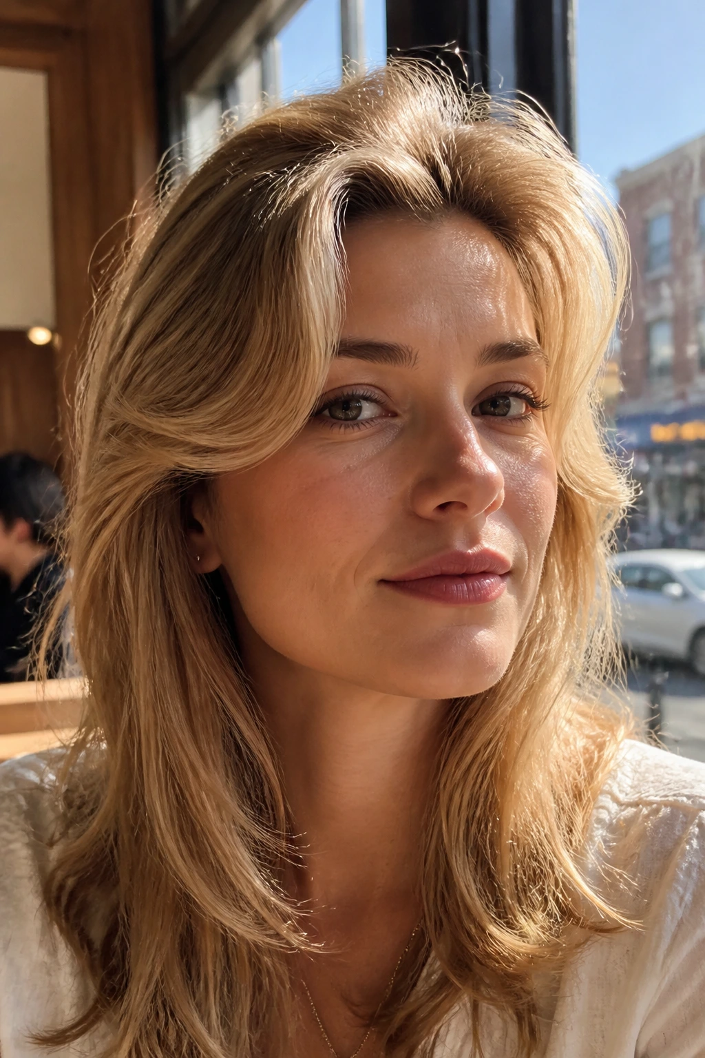 Close-up of a real woman with a flip-back fringe curving away from her face.