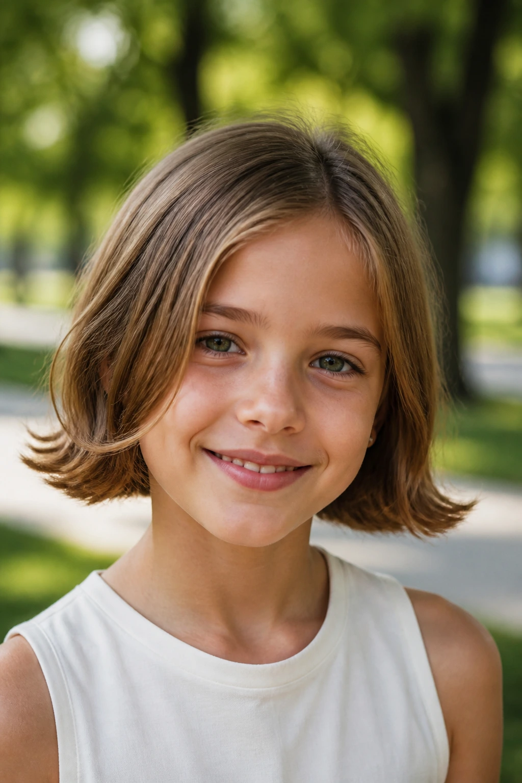 Close-up of a child with a chin-length flip bob outdoors in daylight