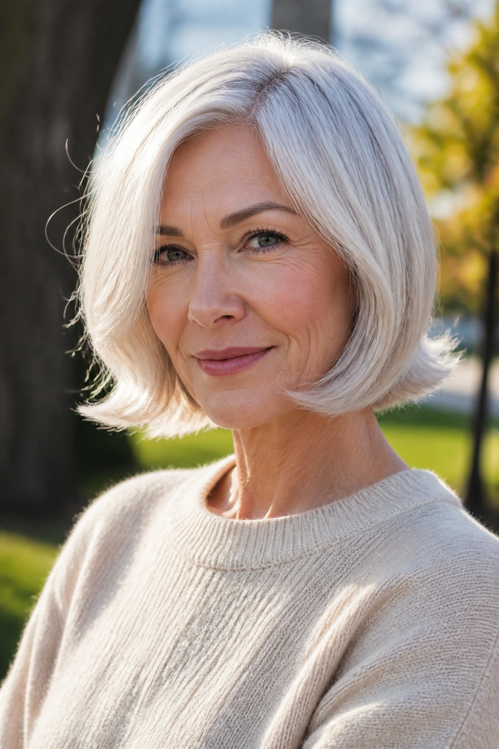 Real woman with flip-end platinum lob angles outward at the jaw