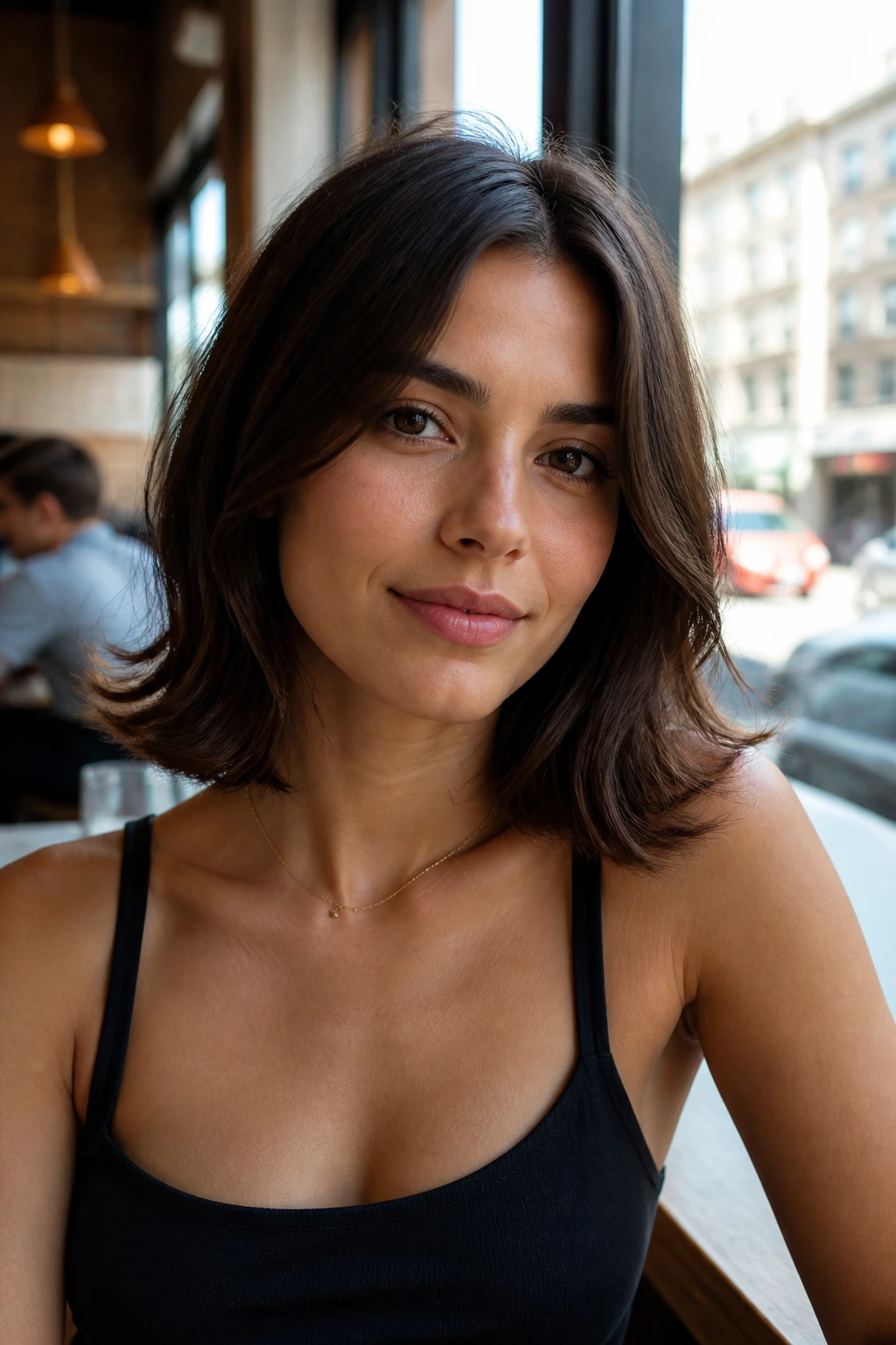 Flip-end lob hairstyle close-up on real person in cafe setting