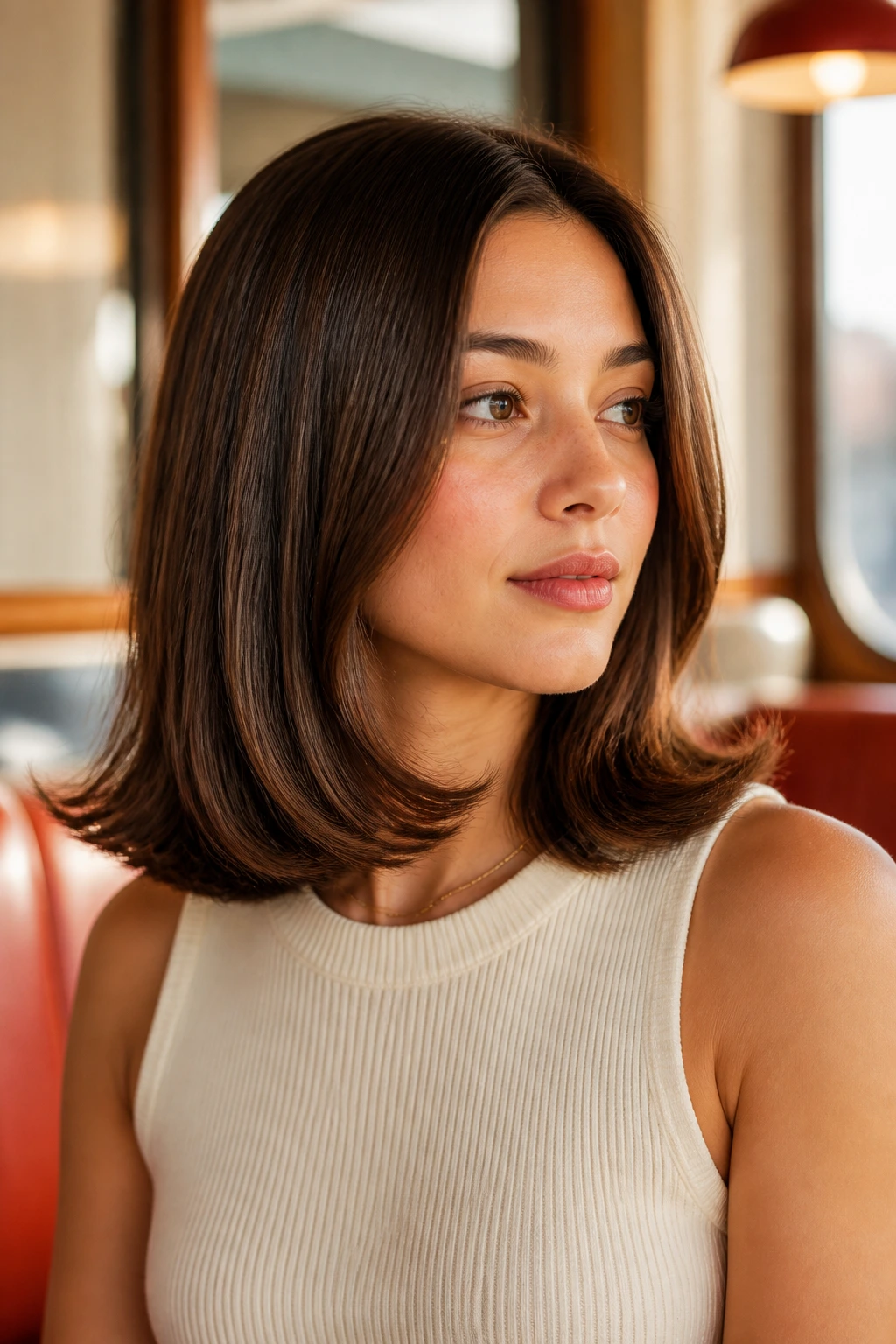 Close-up portrait of a real woman with flip-end lob and retro styling in warm daylight