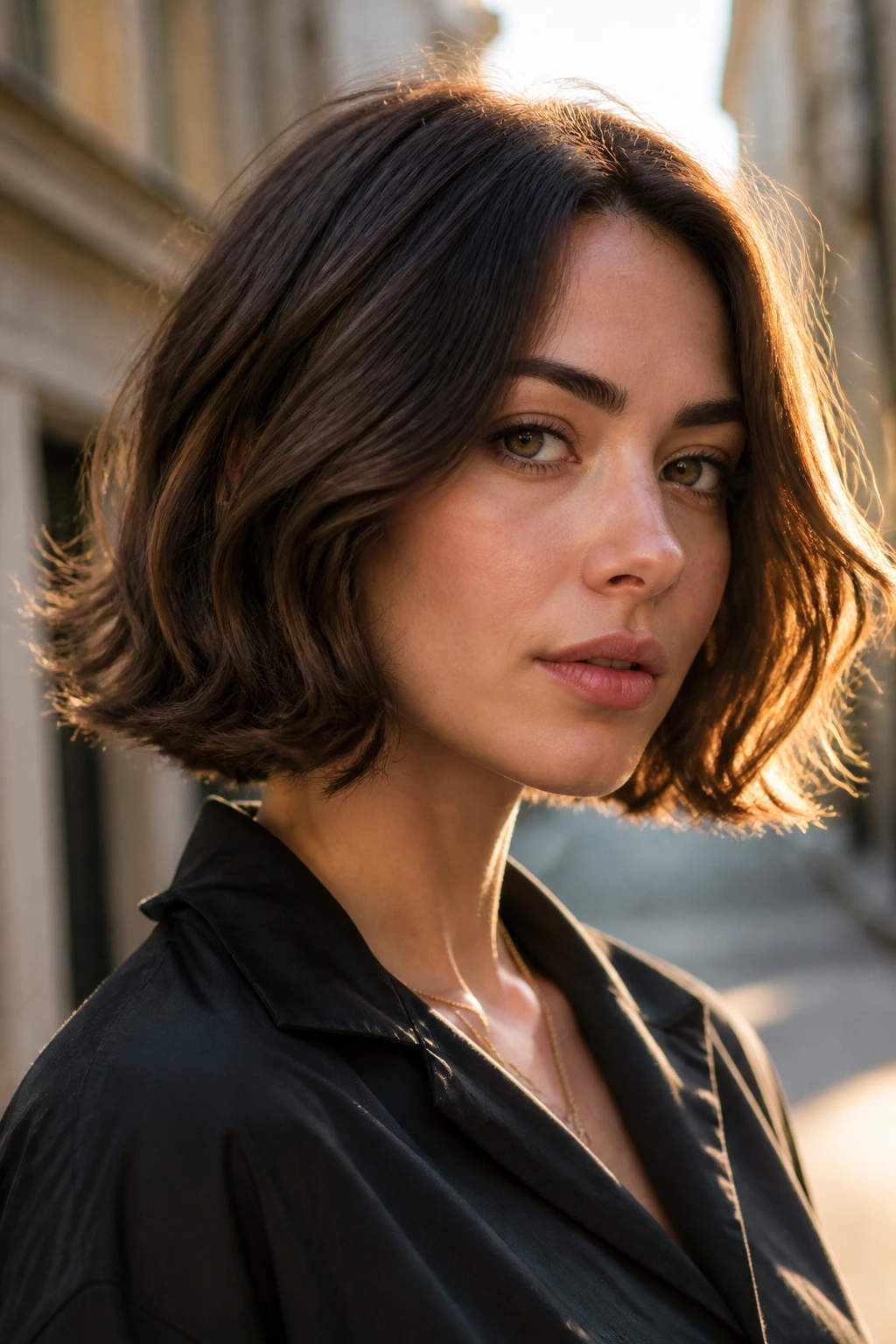 Close-up of a real person with a mini lob and flipped ends in golden hour light