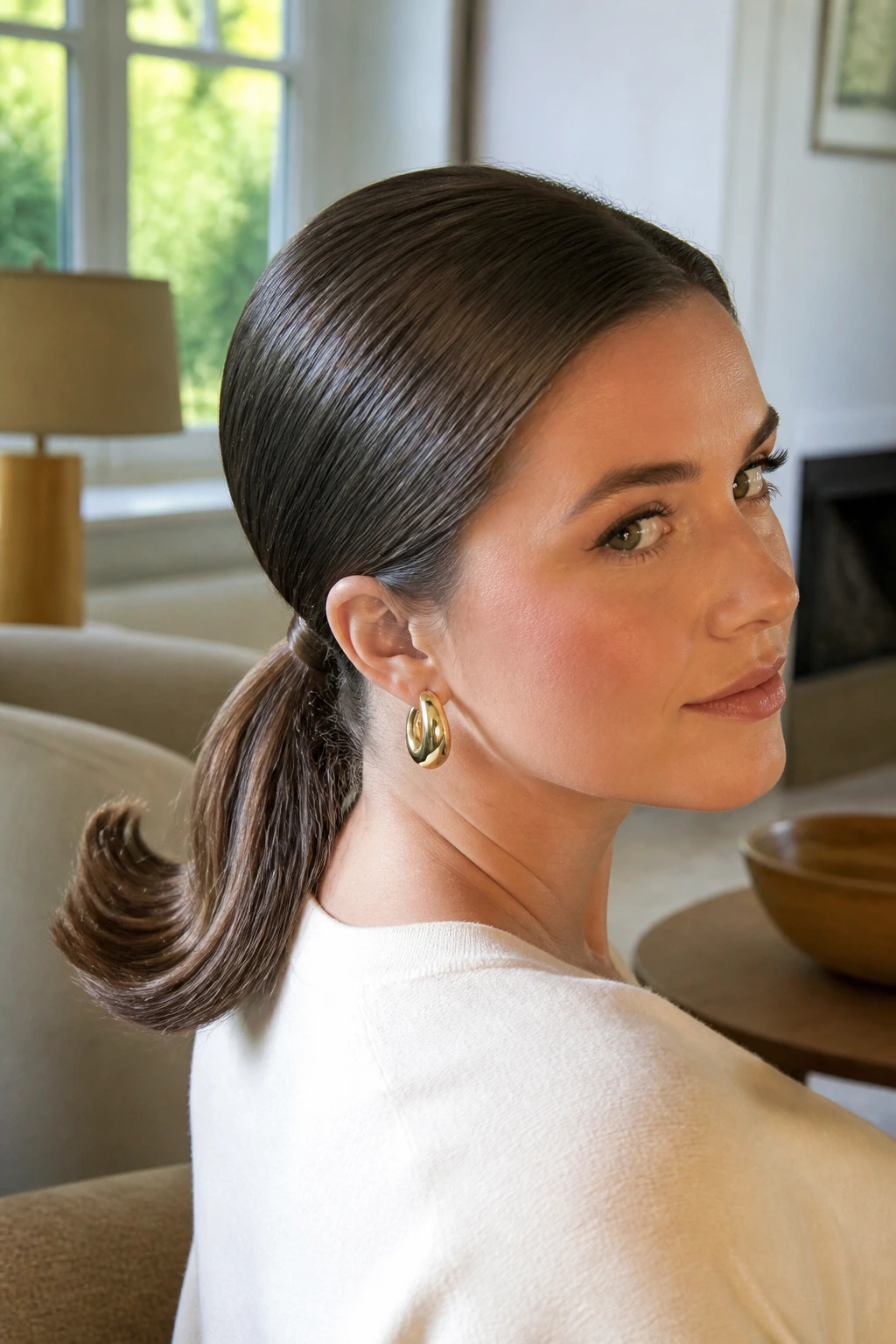 Close-up of a real woman with a flip-end ponytail showing a 60s bend