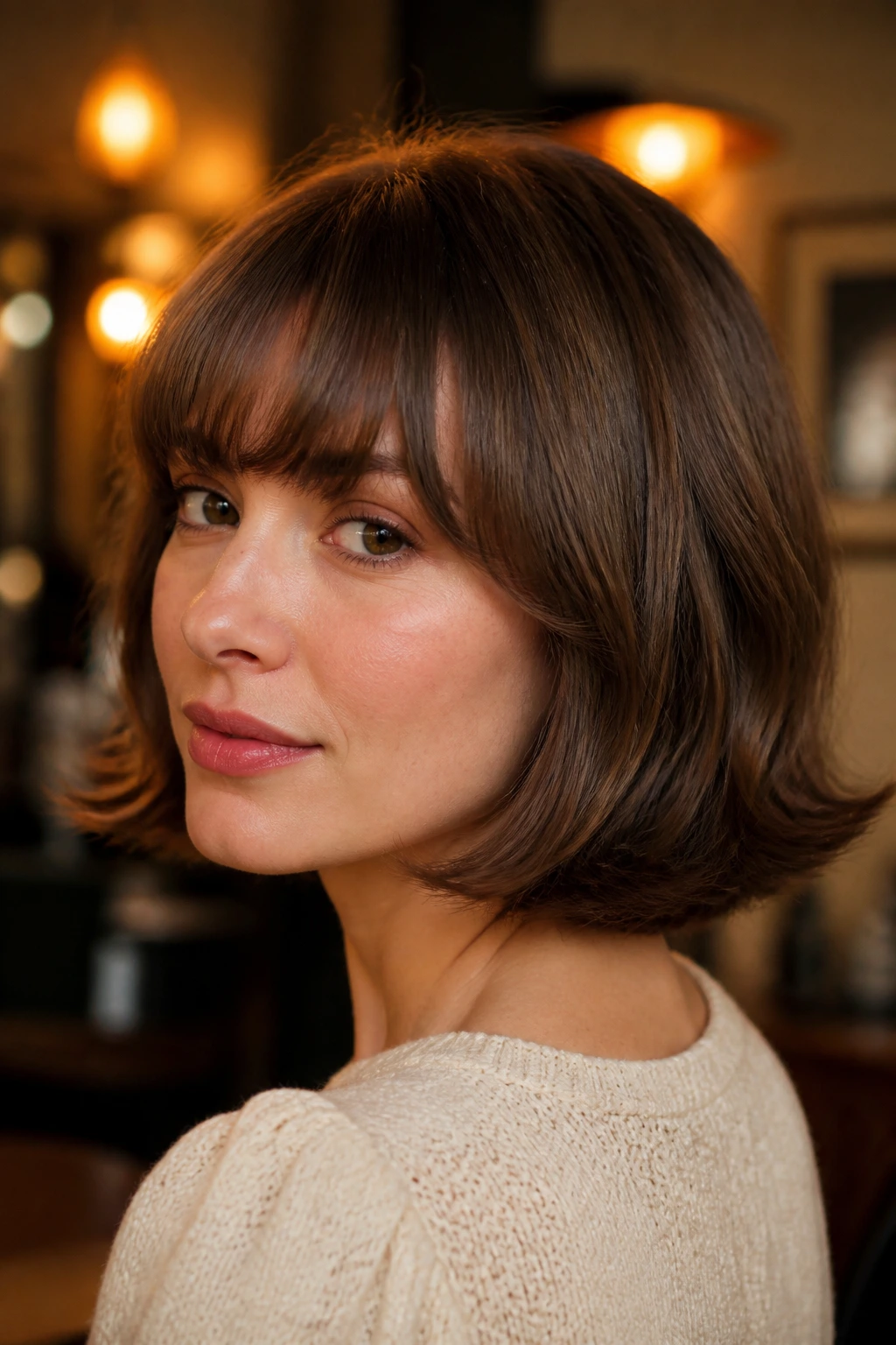Close-up portrait of a real woman with Flip-End Retro Bob and curved fringe in warm light