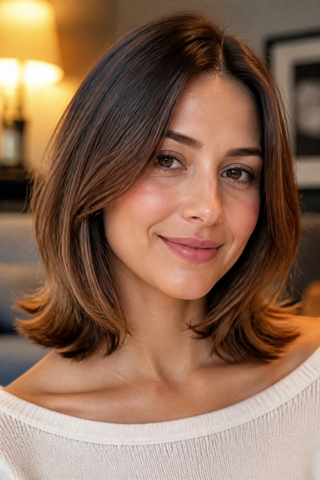 Close-up of woman with flip-ended collarbone cut indoors
