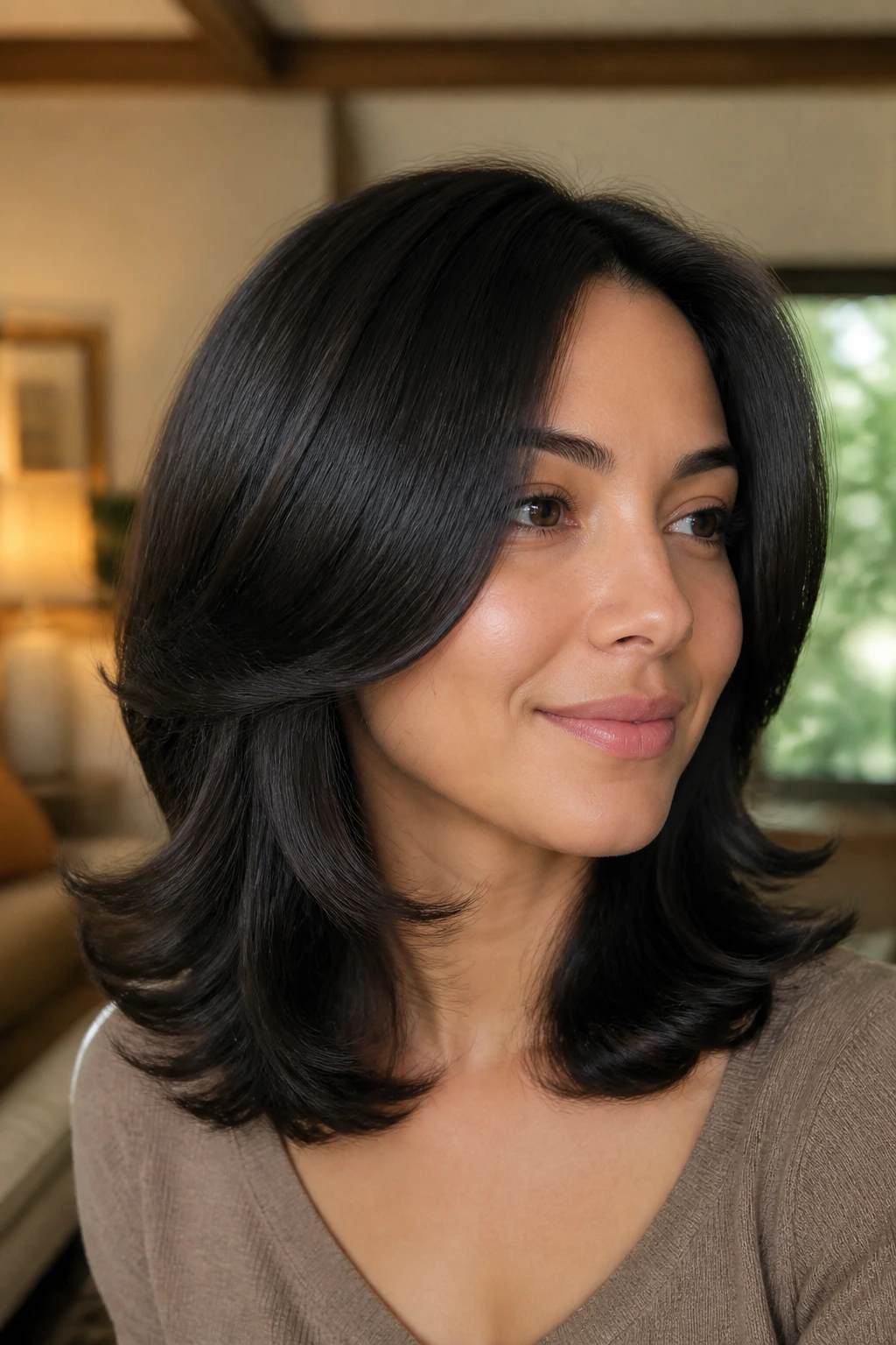 Close-up of woman with shoulder-length flip layers in thick dark hair, warm natural light.