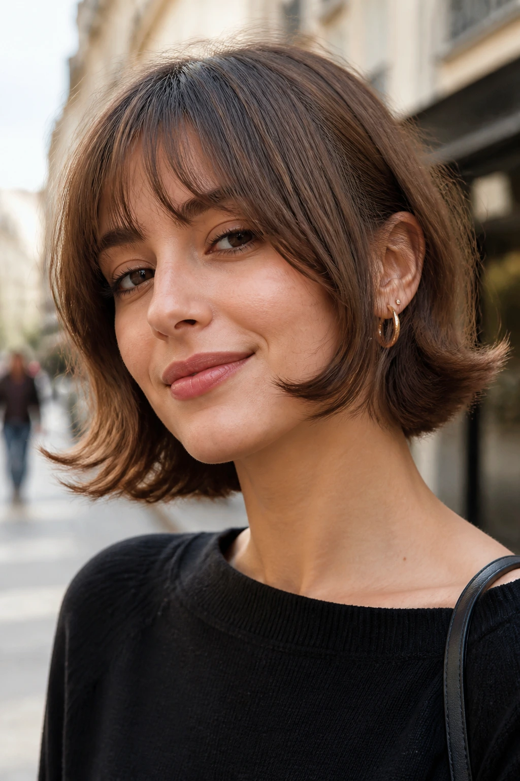 Portrait of a real woman with Flip-Out Retro Butterfly Bob featuring a gentle outward flip and cheekbone-length front pieces