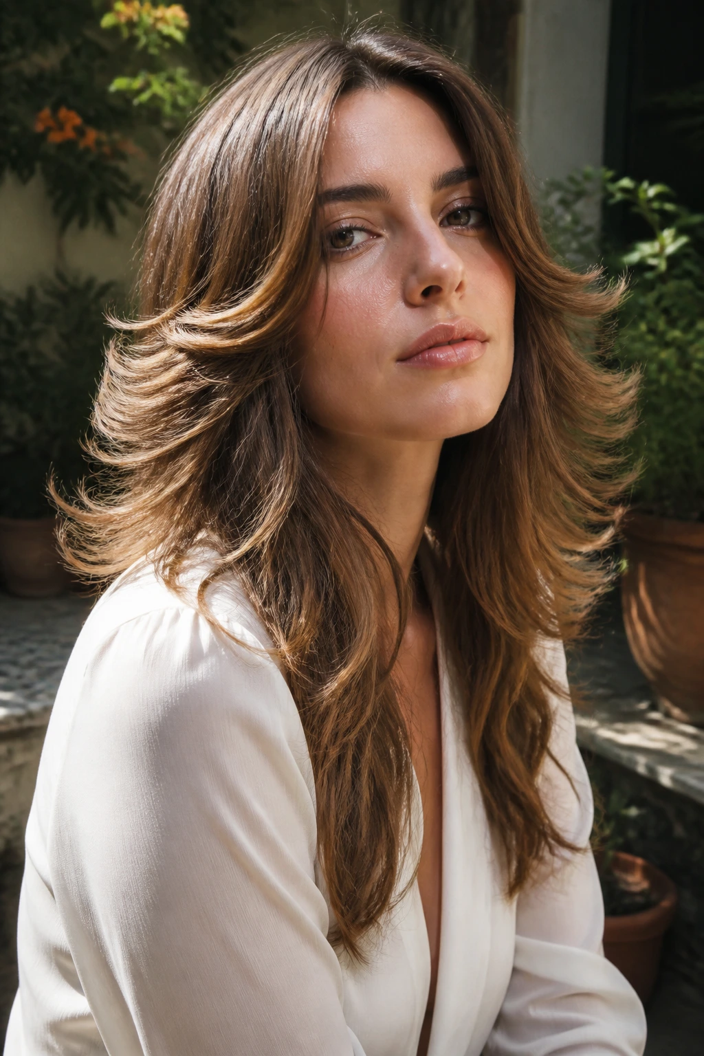 Close-up of a woman with end-flipped hair in a playful 1970s style.