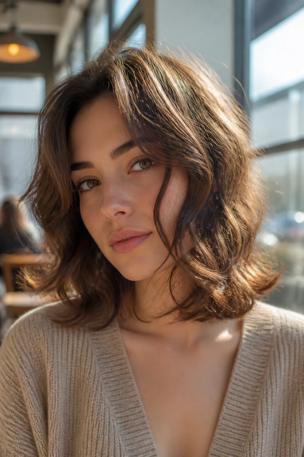 Close-up of a real woman with shoulder-length waves and flip-out ends