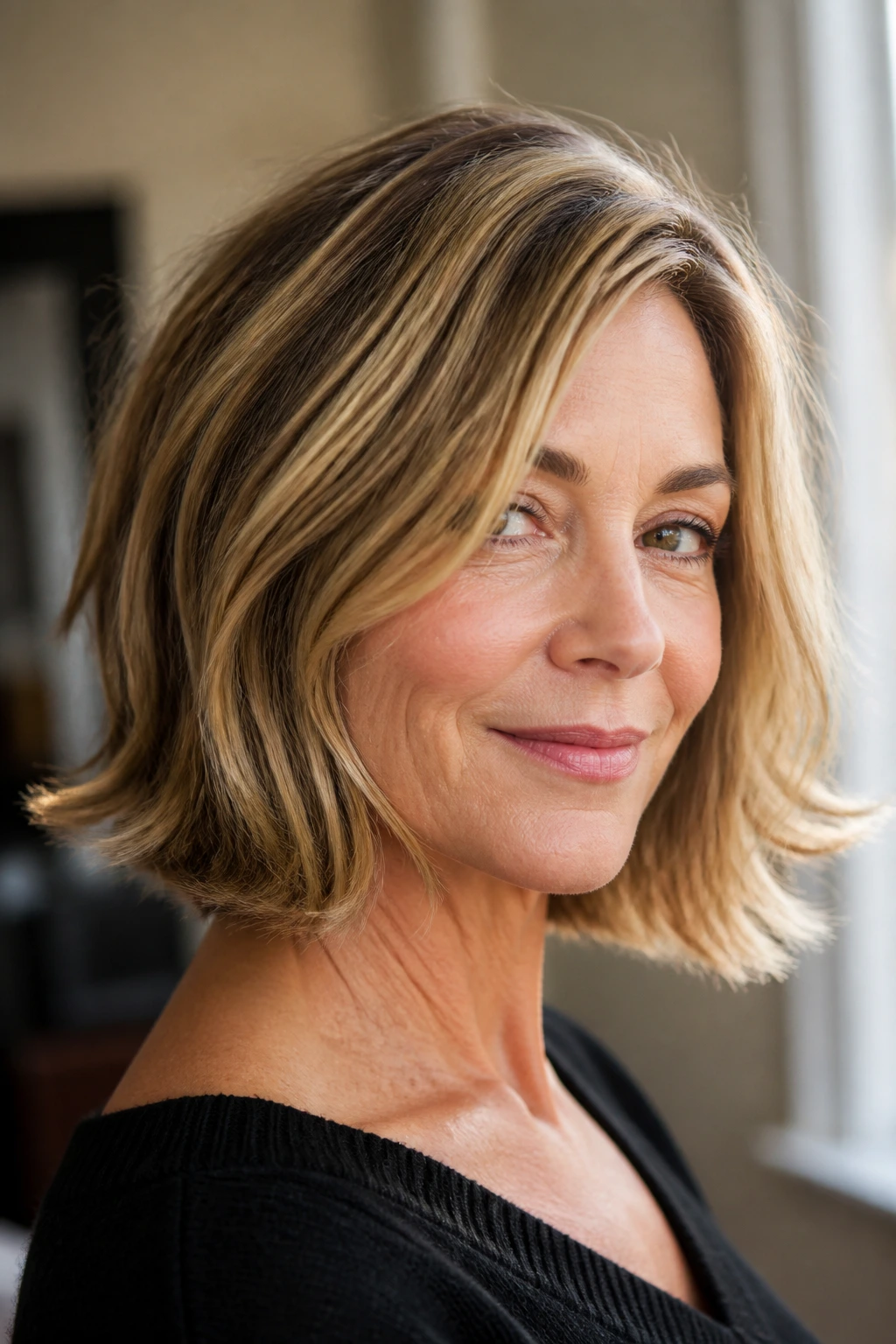 Close-up of a real woman with flip-out ends bob in warm natural light