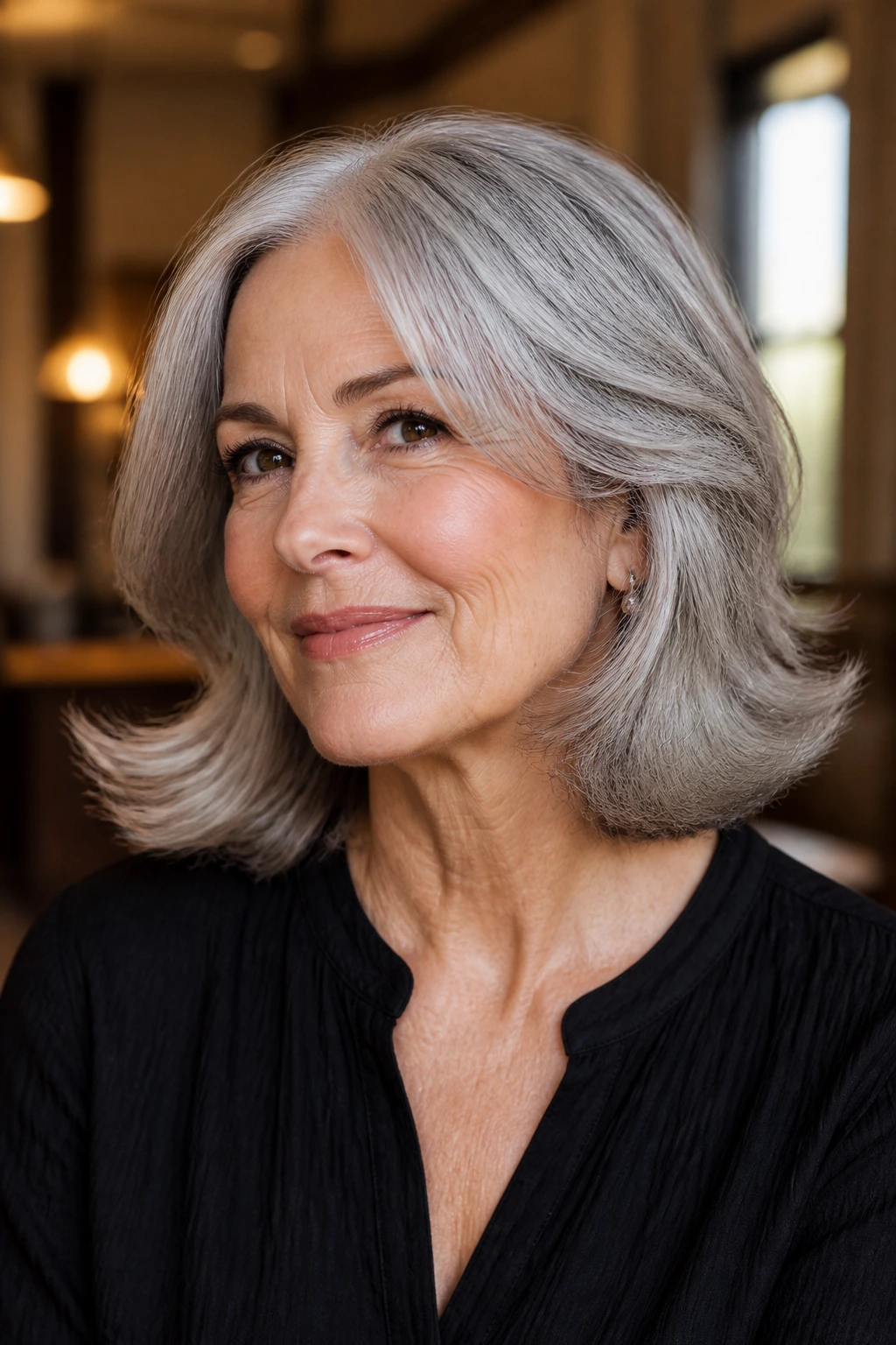 Portrait of an older woman with flip-out ends in gray hair
