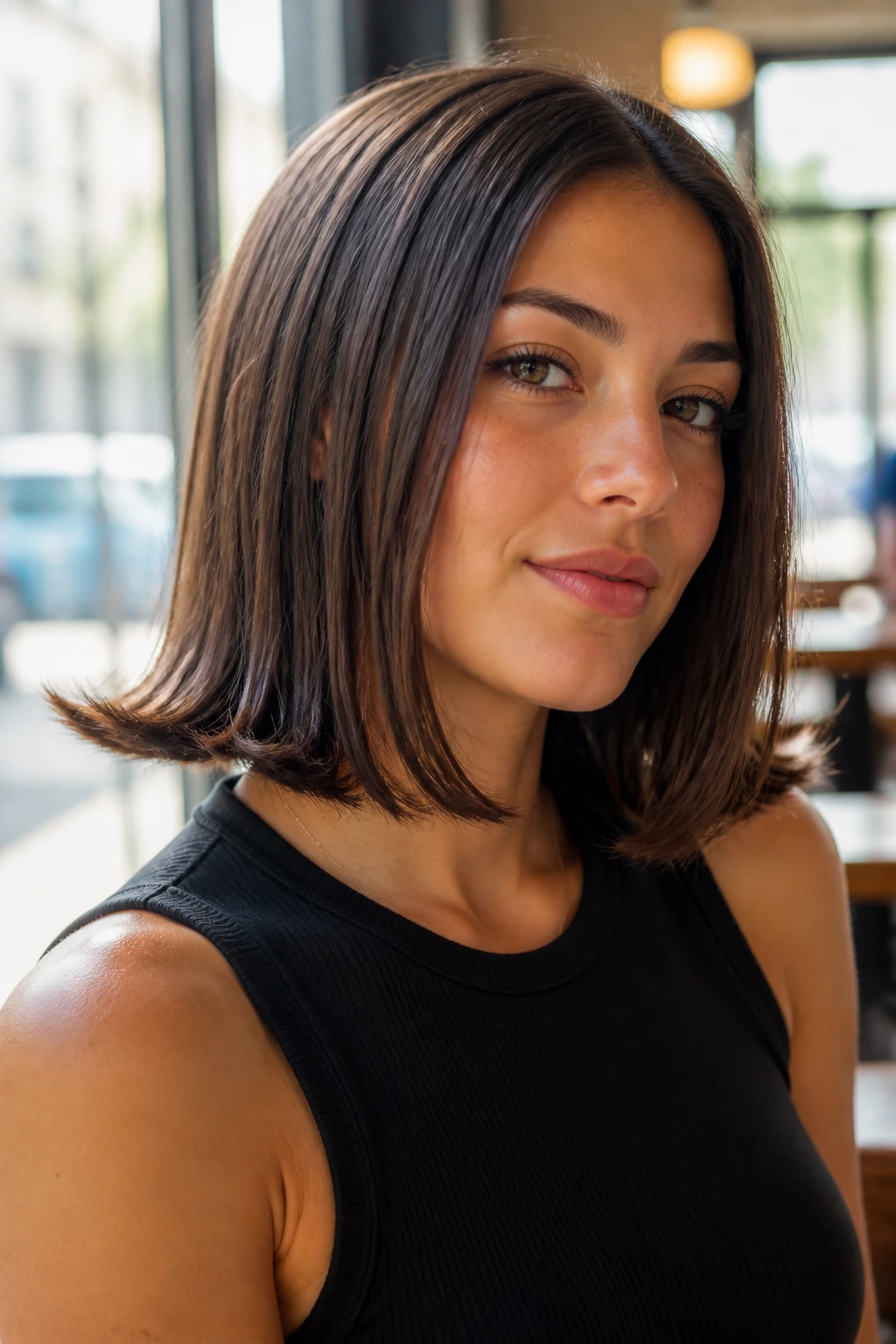 Portrait of a real woman with flip-out ends lob hairstyle.