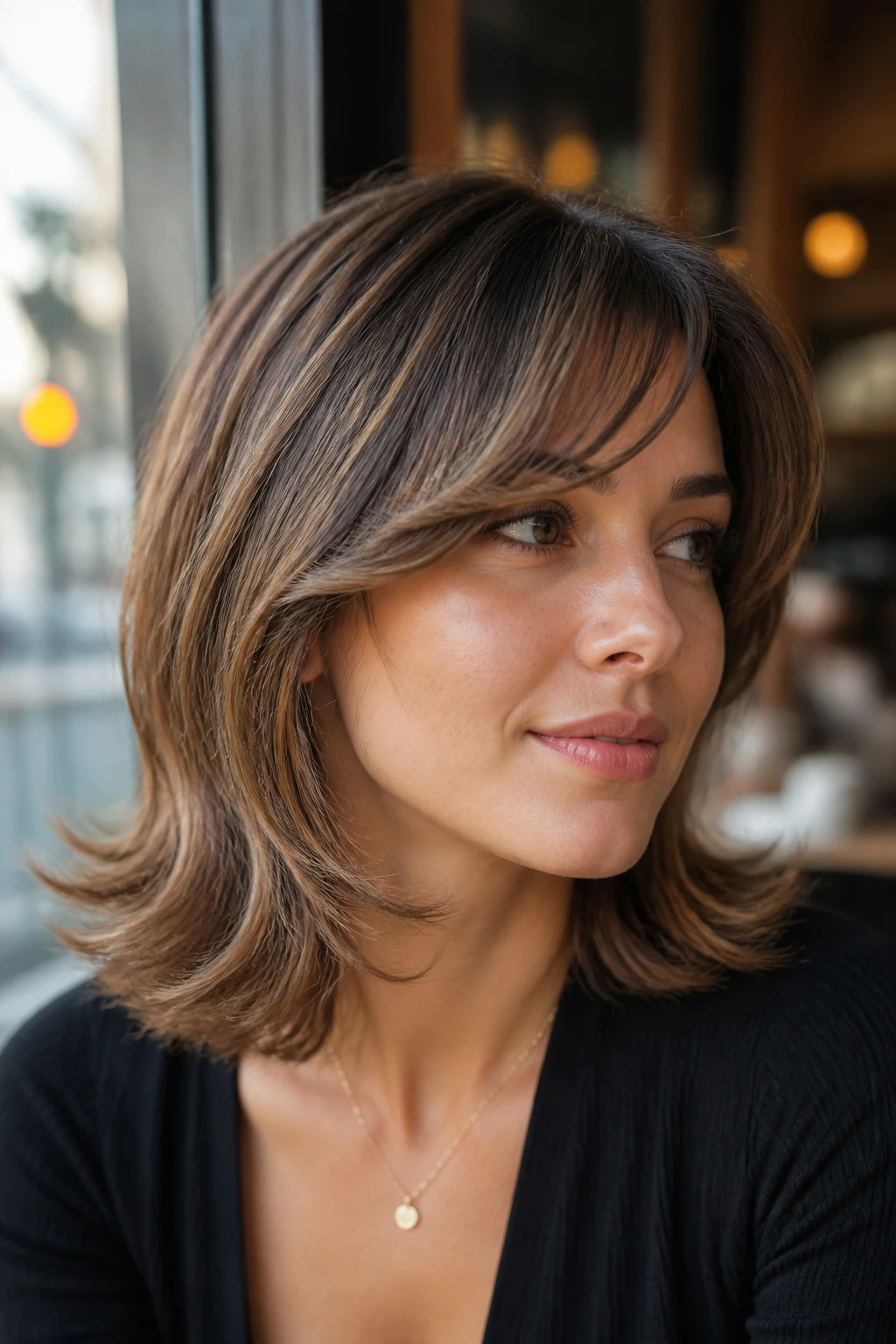 Close-up portrait of a real person with flip-out ends and side bangs