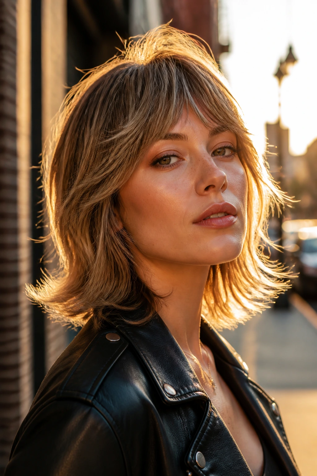 Close-up portrait of a real person with flip-out feather shag showing collarbone-length flips