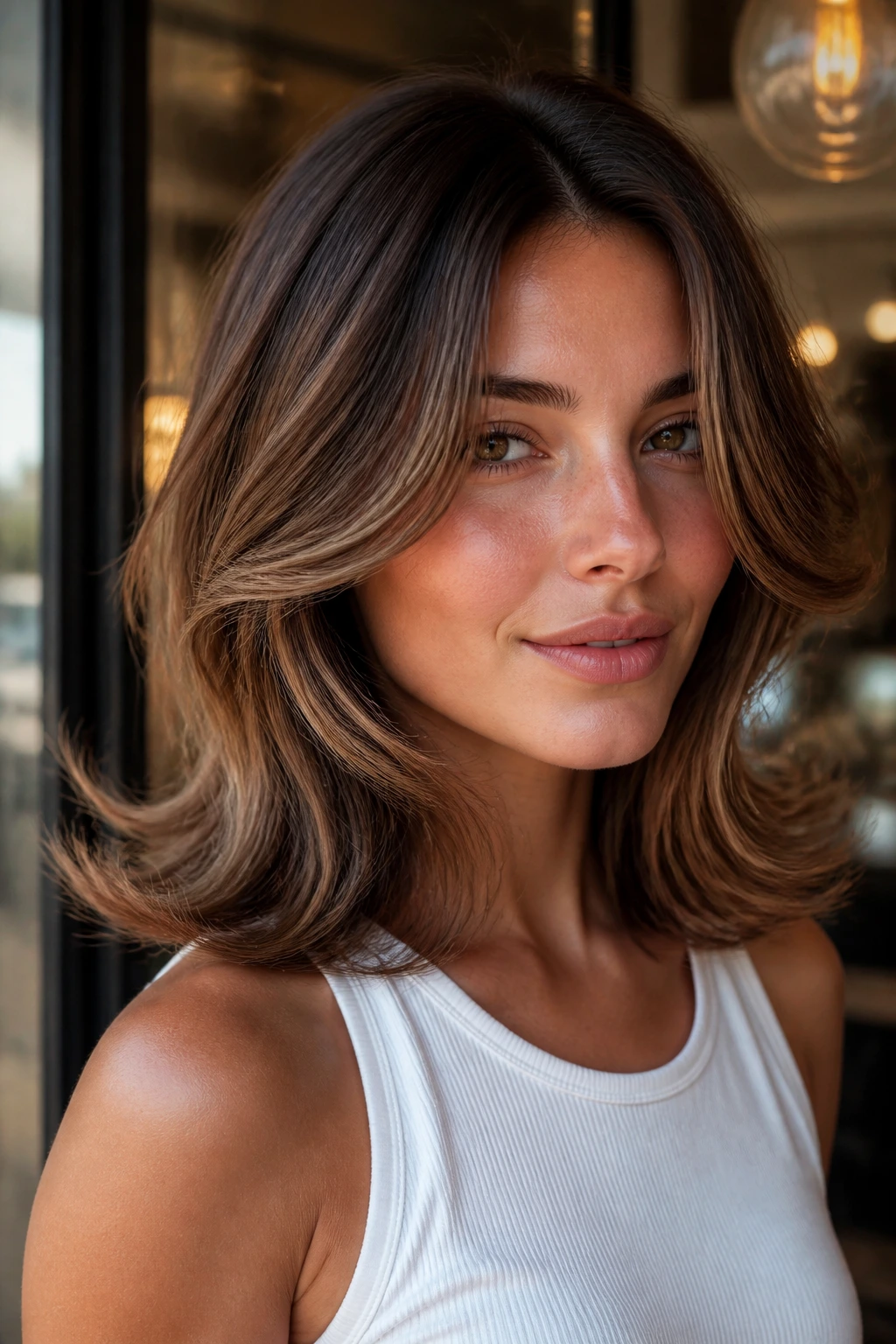 Close-up portrait of a real woman with flip-out feathered ends and retro bend