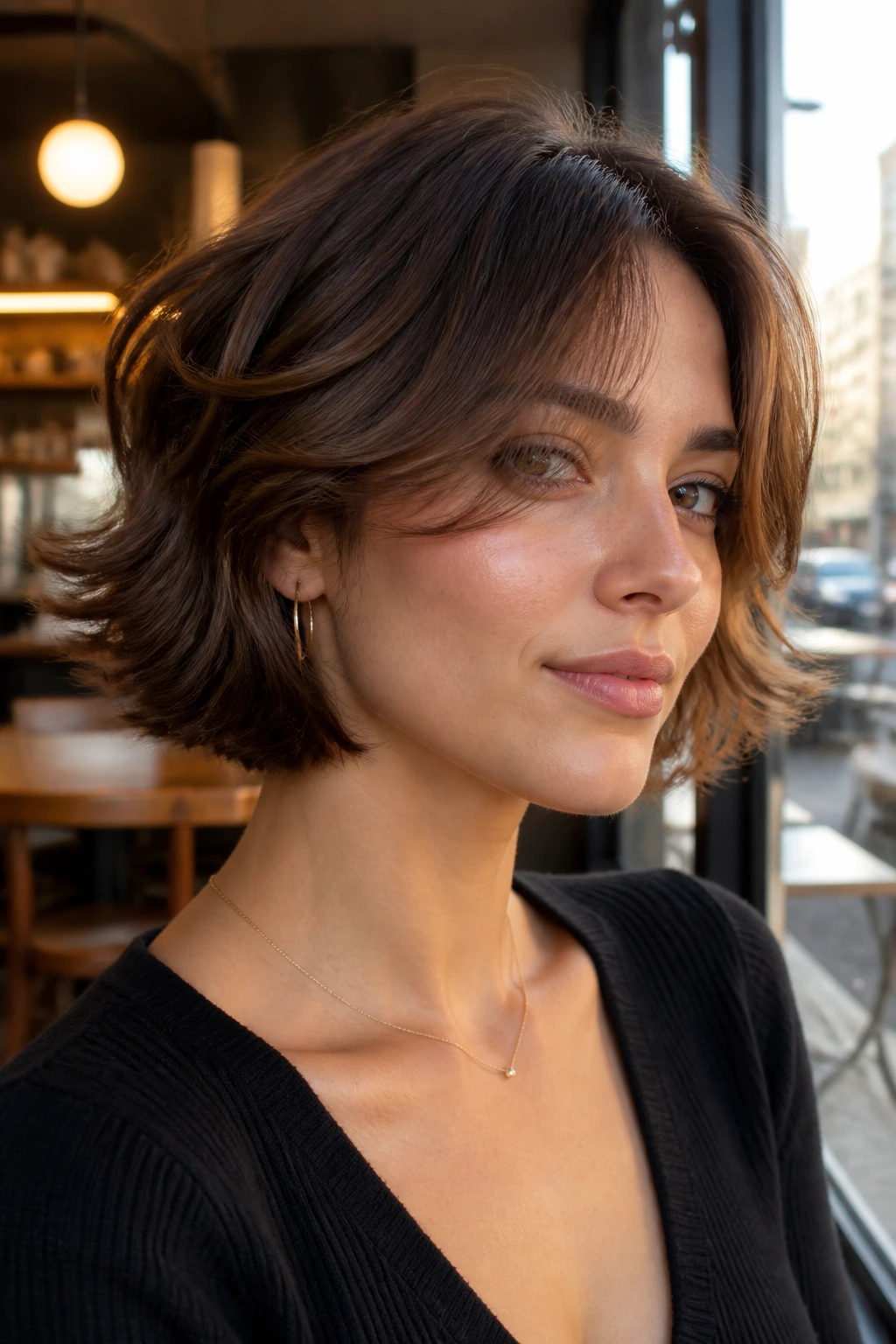 Portrait of a woman with a flip-out layered bob in a cafe