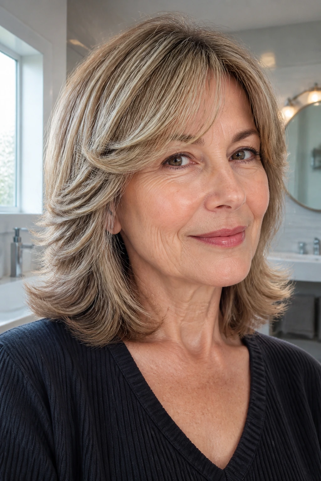 Close-up portrait of a real woman with flip-out layered cut and outward-curling ends in natural light