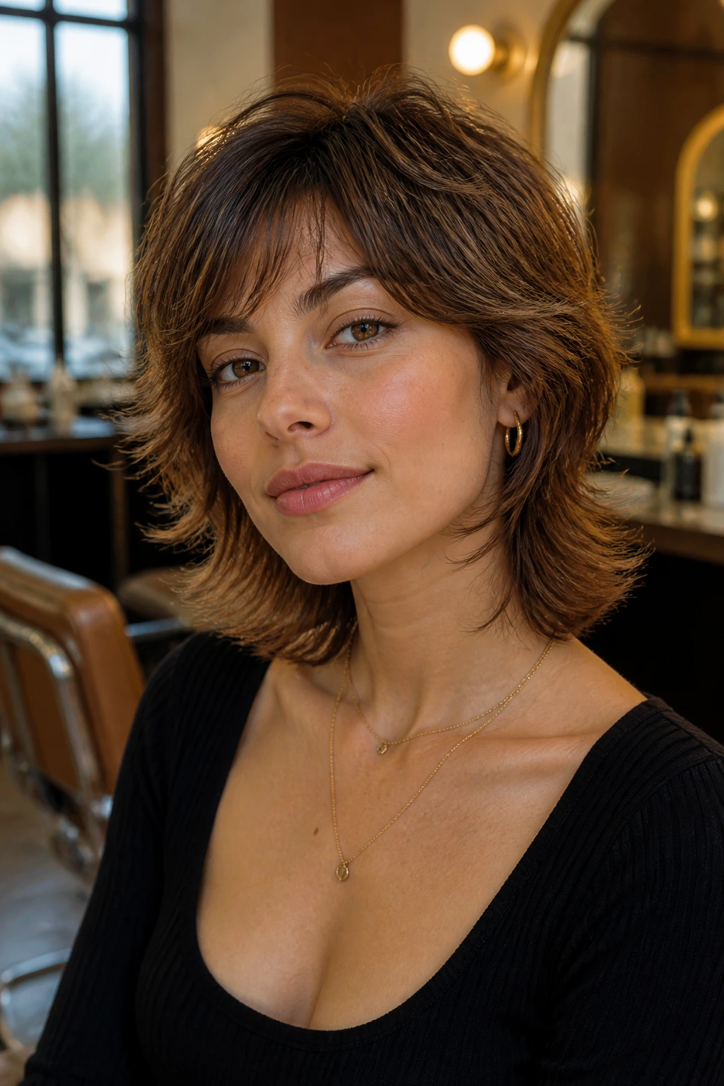 Close-up of real woman with flip-out layered shag showing outward flipped ends