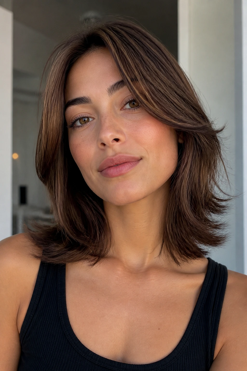 Close-up portrait of a woman with collarbone-length flip-out layers