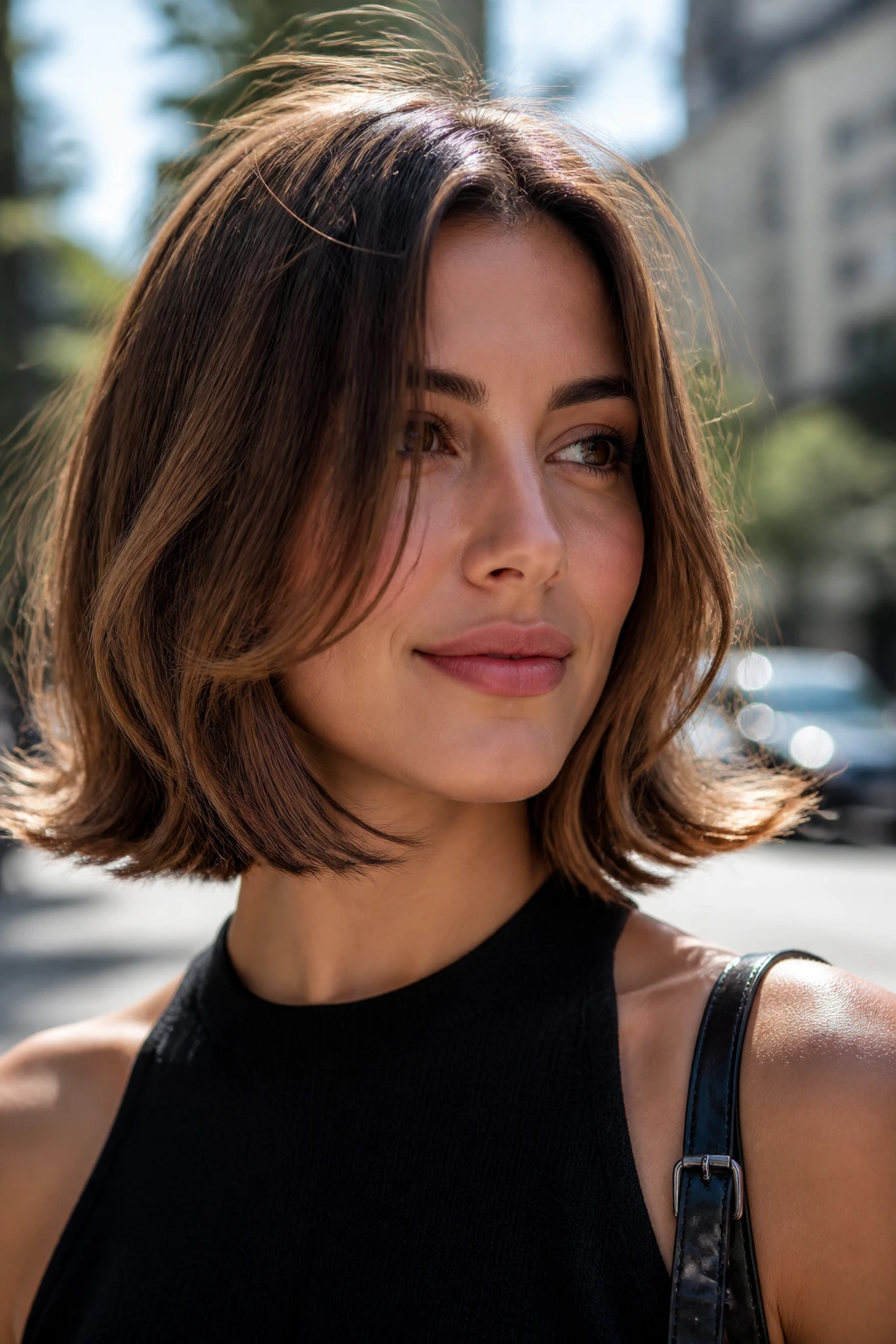 Portrait of a person with flip-out lob showing outward-facing ends