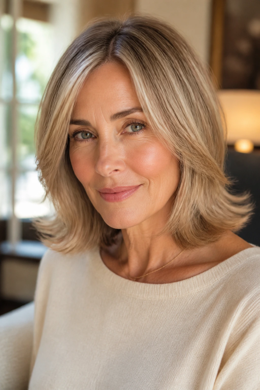 Real woman with a flip-out lob and beveled ends in a portrait