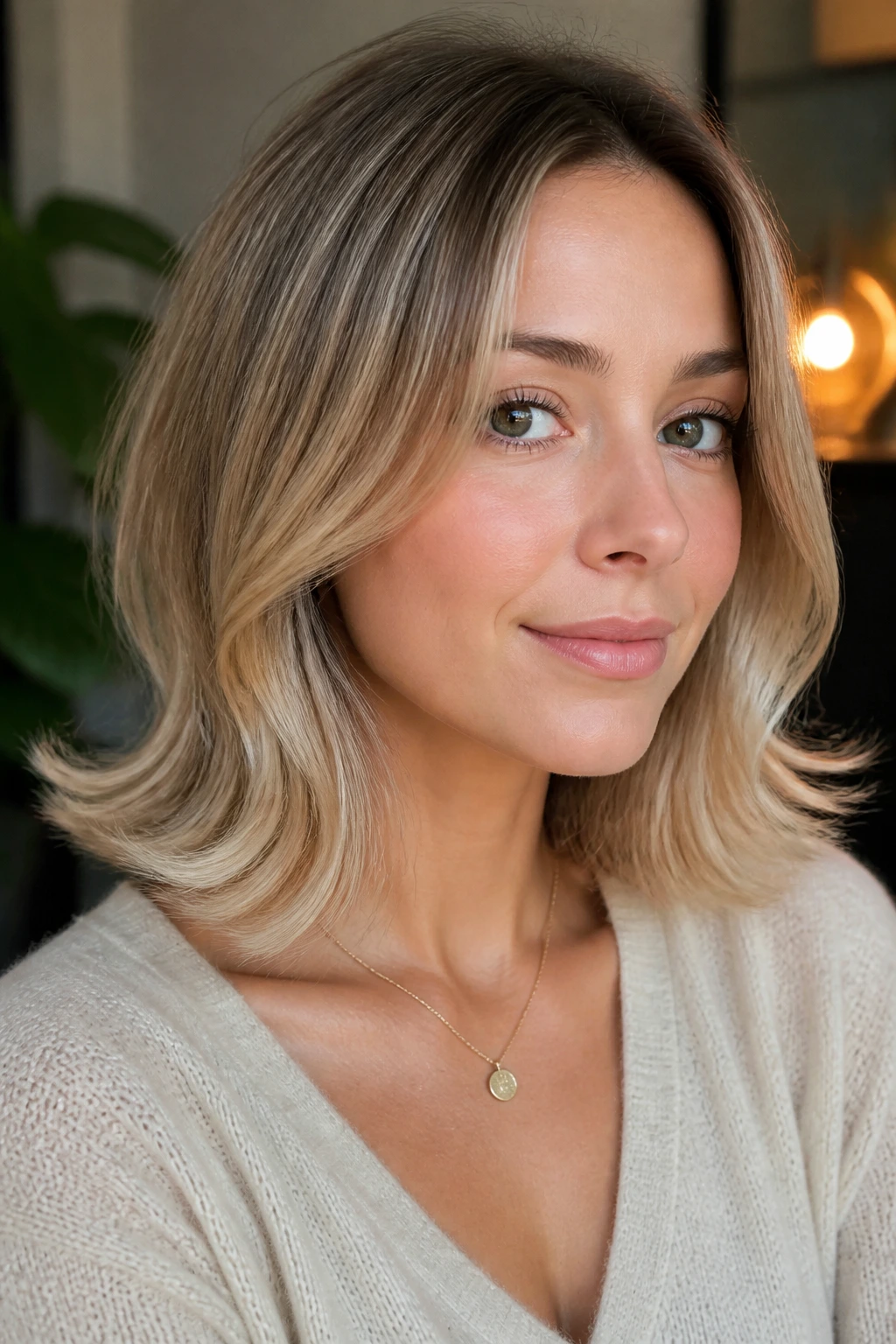Portrait of a real woman with shoulder-length lob and flip-out ends.