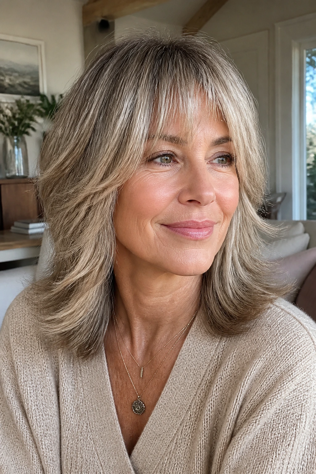 Close-up of a real woman with a flip-out midi shag hairstyle