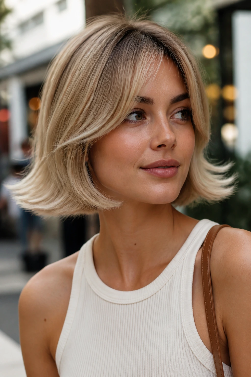 Close-up of a real person with a flip-out sandy bob.