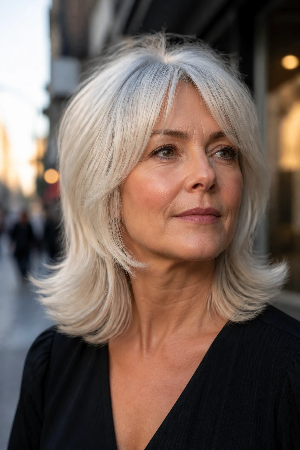 Portrait of woman with flip-out platinum wolf cut showing outward ends