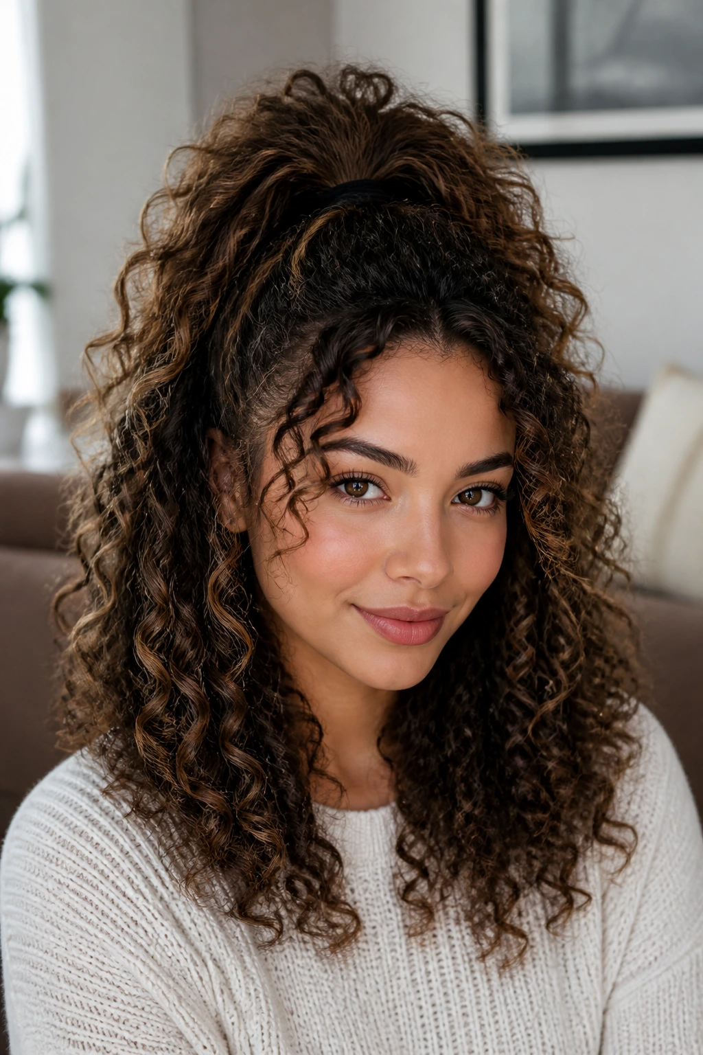 Close-up of a real woman with a loose flip-over half pony showing volume at the crown