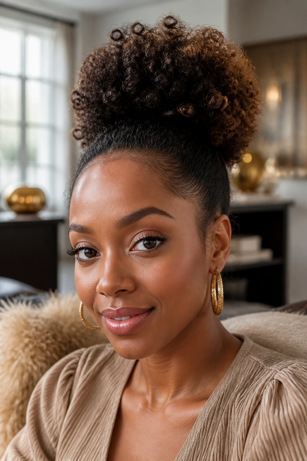 Close-up of Flip-Over Puff with Crown Volume hairstyle on a real person