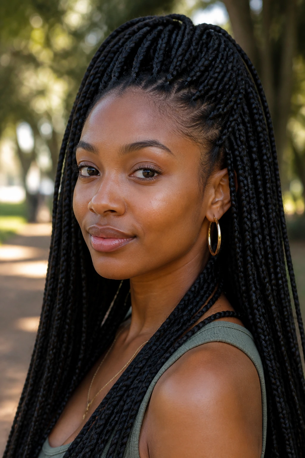 Portrait of a person with flip-over volume at crown in long box braids