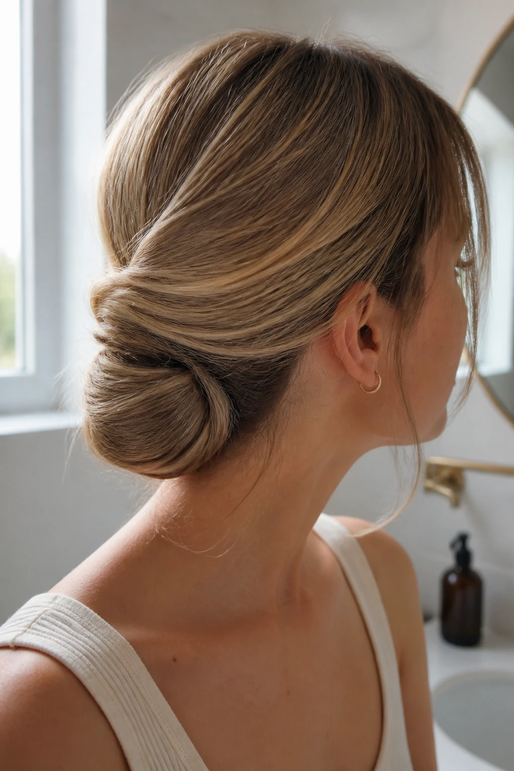 Portrait of a real woman showing a flip-and-tuck bun from the side