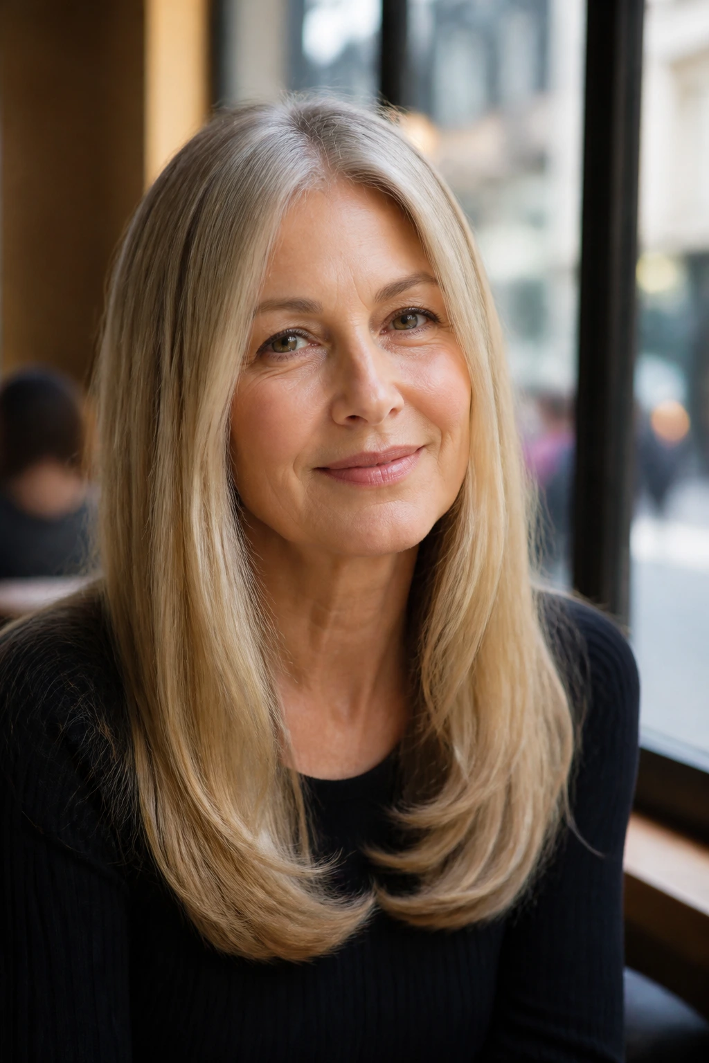 Real woman with subtle flip-under ends on long straight hair