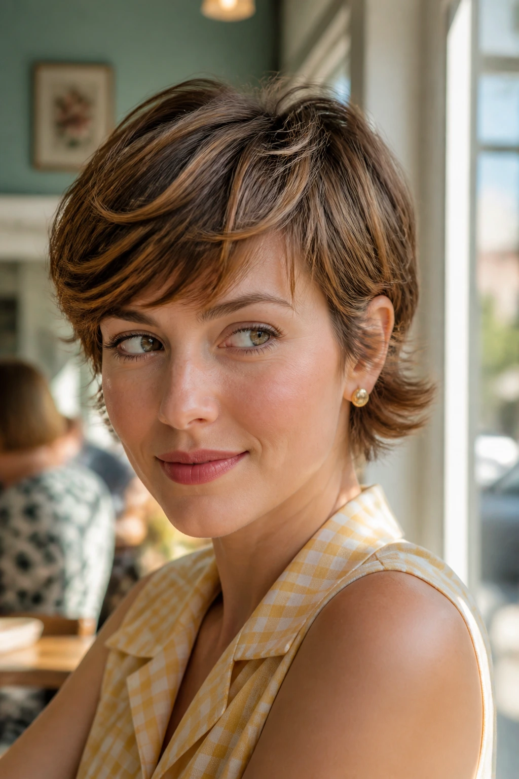Portrait of a woman with flipped-edge pixie hairstyle in a sunny cafe