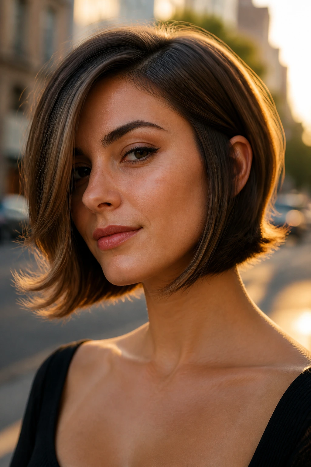 Close-up of a real woman with a flipped-end asymmetrical bob on a city street