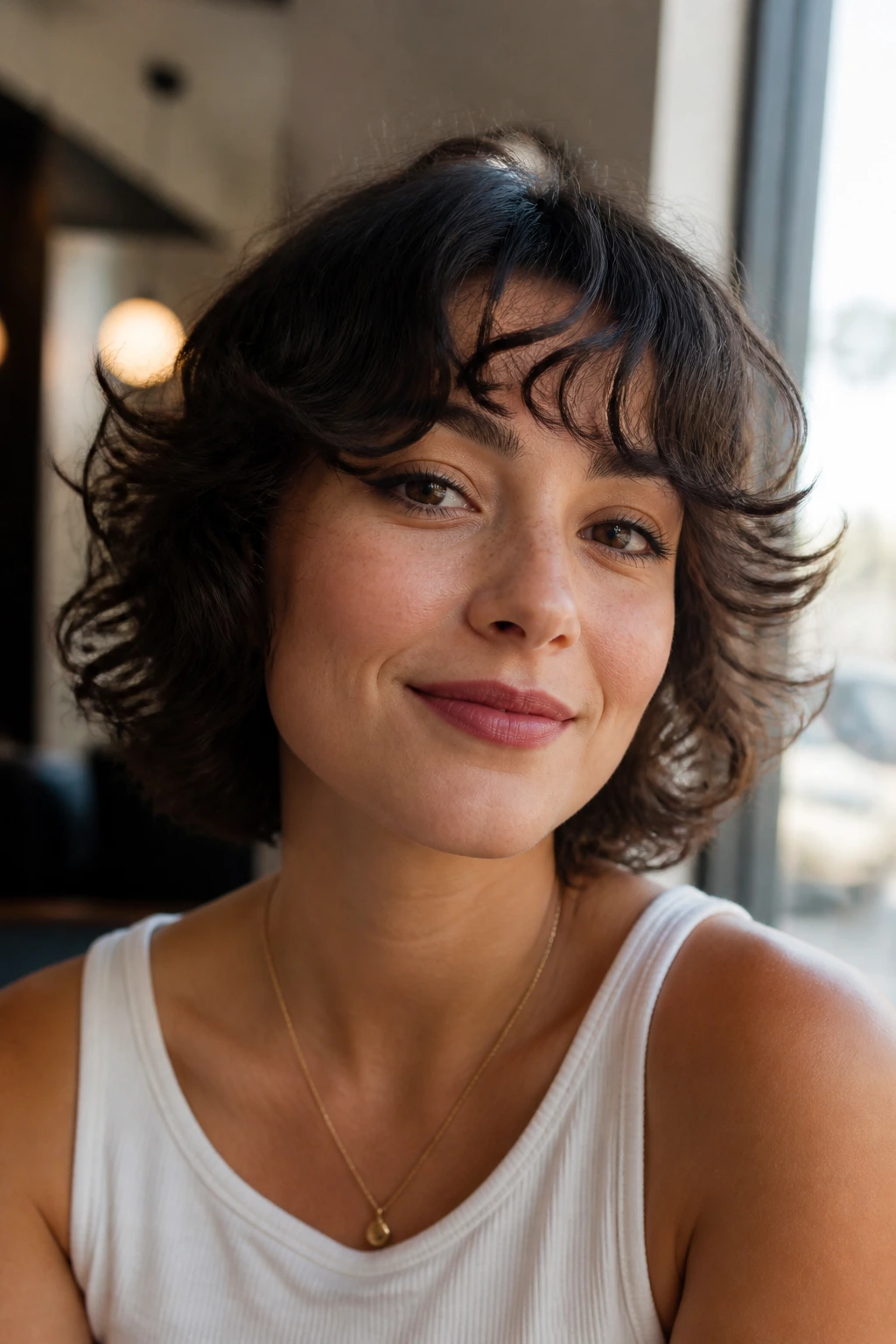 Close-up of a real woman with flipped-end bangs and curly hair by a sunlit window