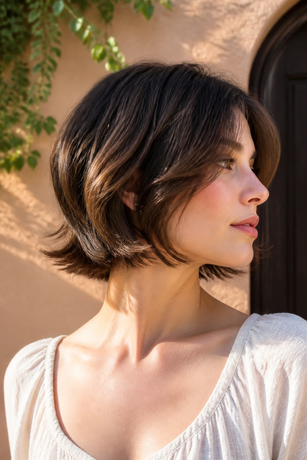 Portrait of woman with flipped-end bob showing outward movement.