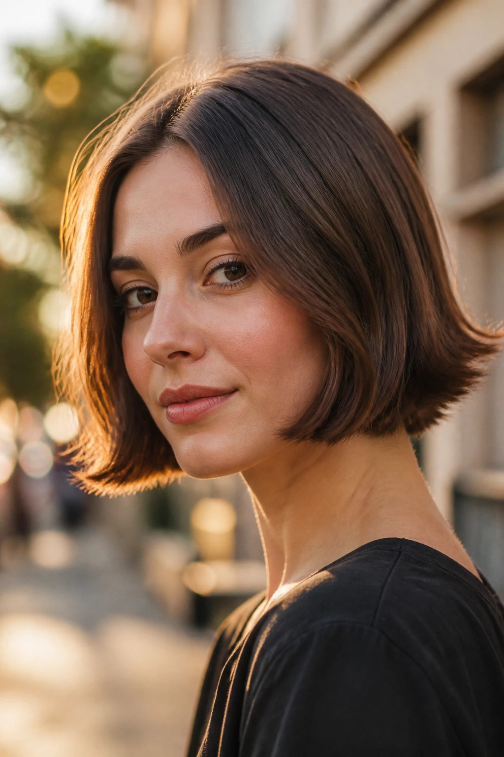 Real woman with a chin-length flipped-end bob in golden hour light