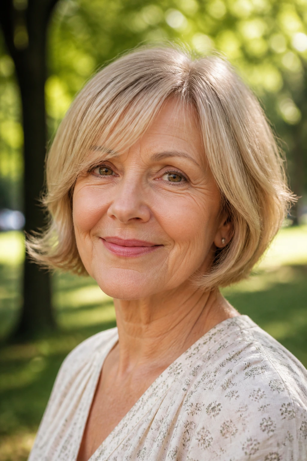 Medium close-up of real woman with flipped-end bob outdoors