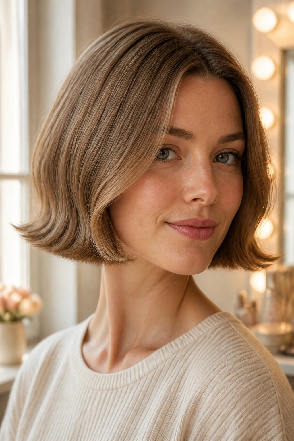 Real person with flipped-end bob showing outward-kicked ends for added width