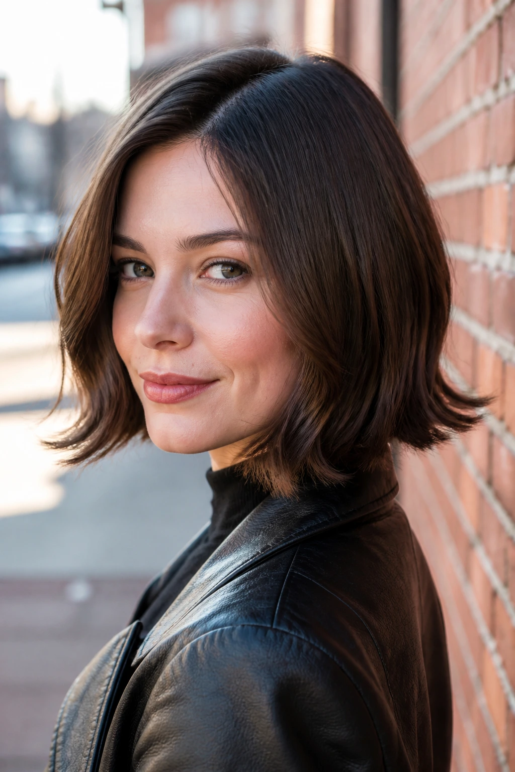 Portrait of real woman with flipped-end bob outdoors