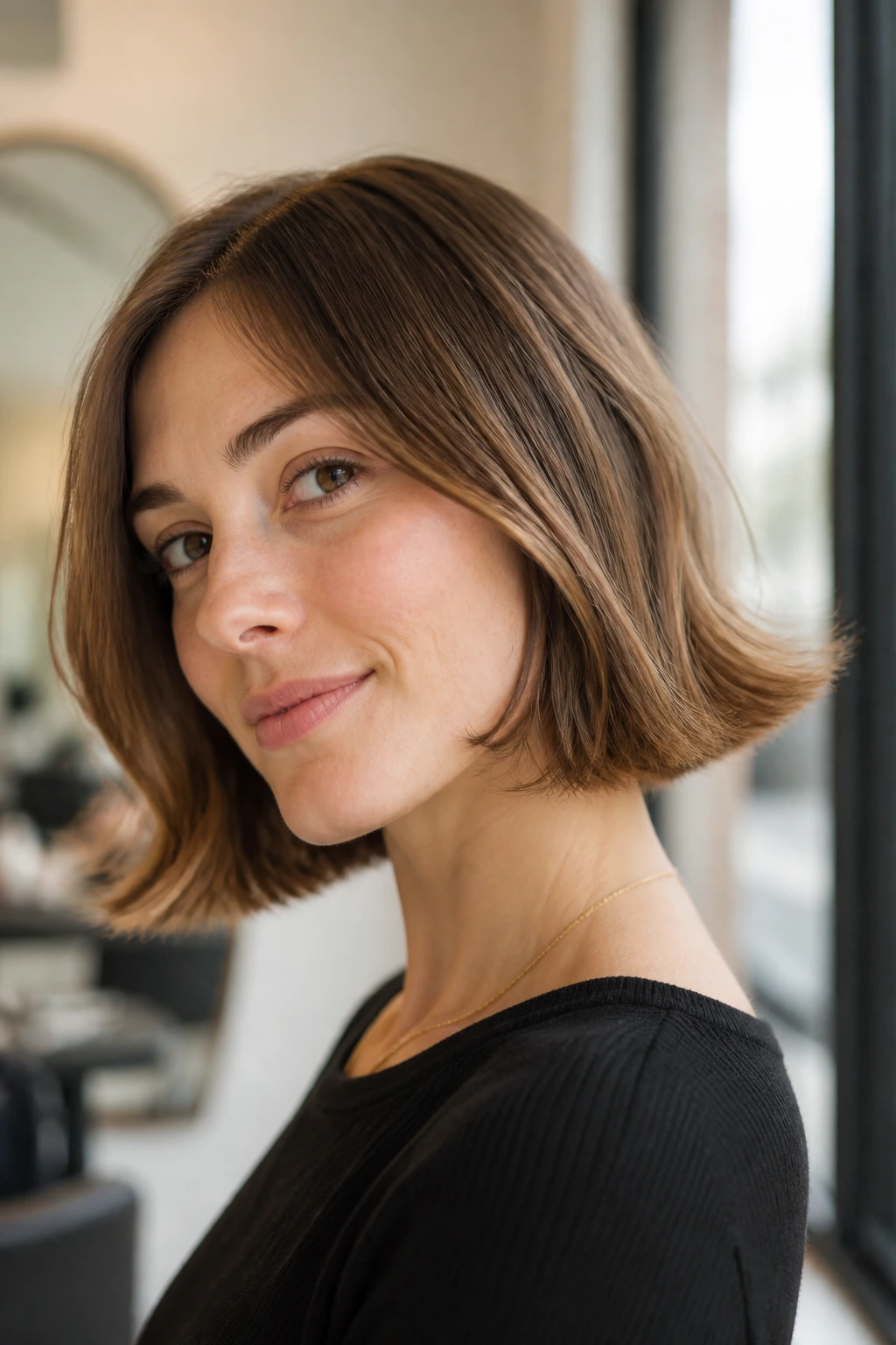 Close-up of real woman with flipped-end bob under warm window light