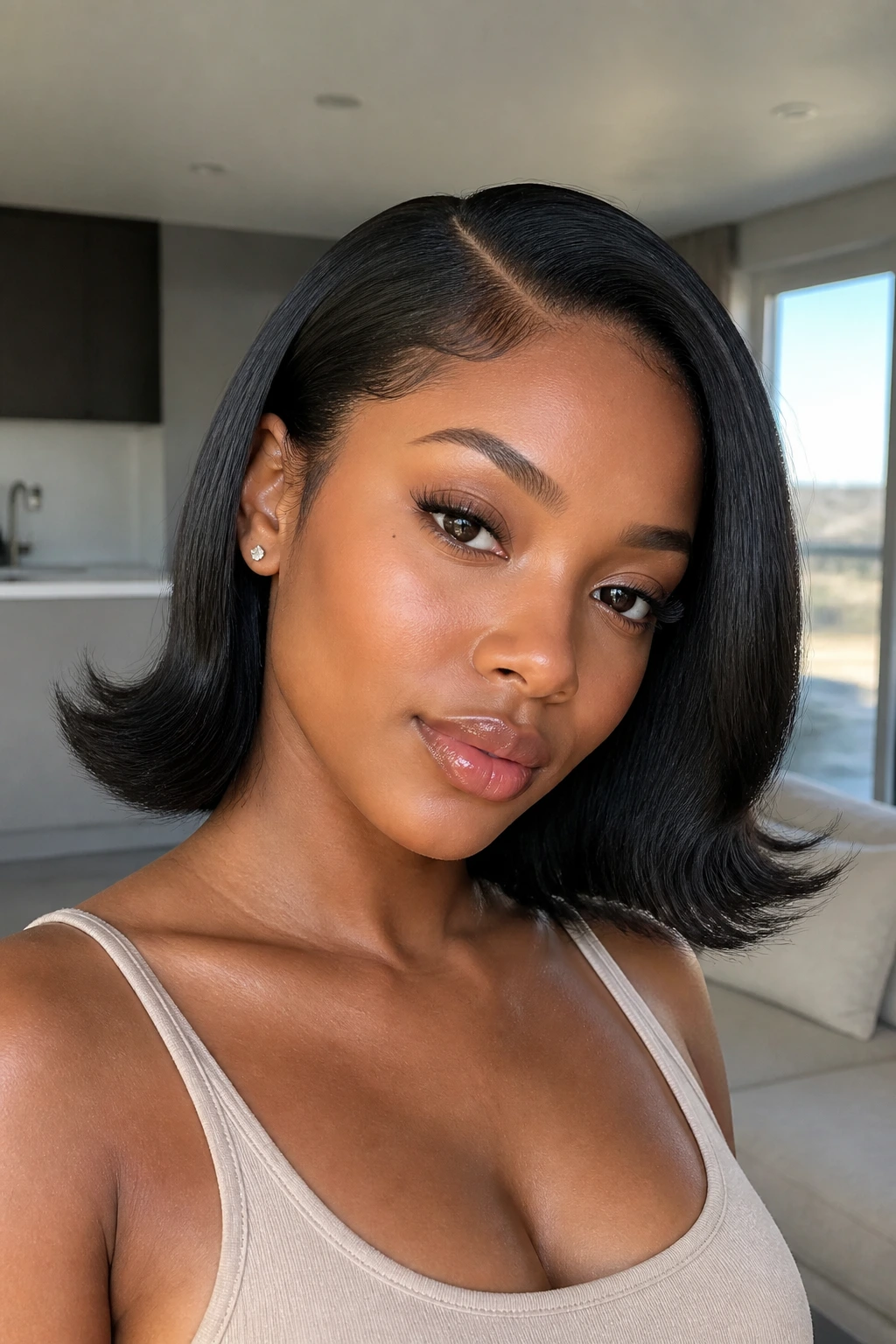 Close-up of a real woman with a flipped-end 90s bob in natural light