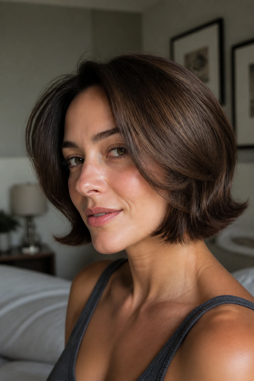 Close-up of a real woman with a flipped-end bob and outward flicks in warm bedroom light