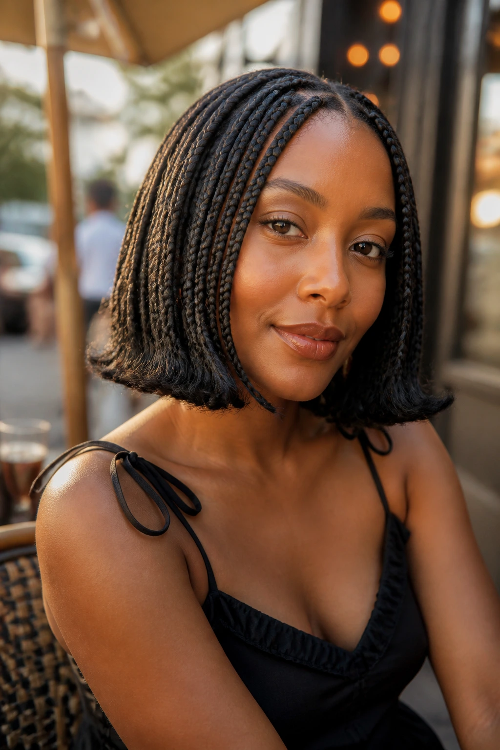Portrait of a woman with flipped-end bob box braids outdoors in golden hour light