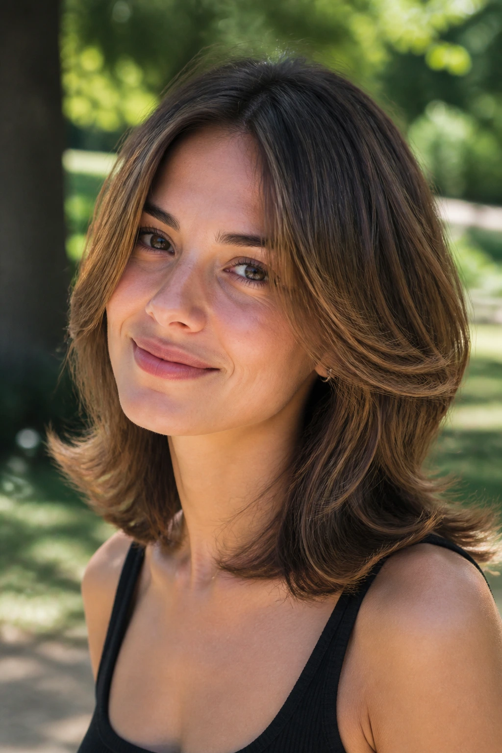 Portrait of a woman with flipped-end feathered cut outdoors in sunlight.