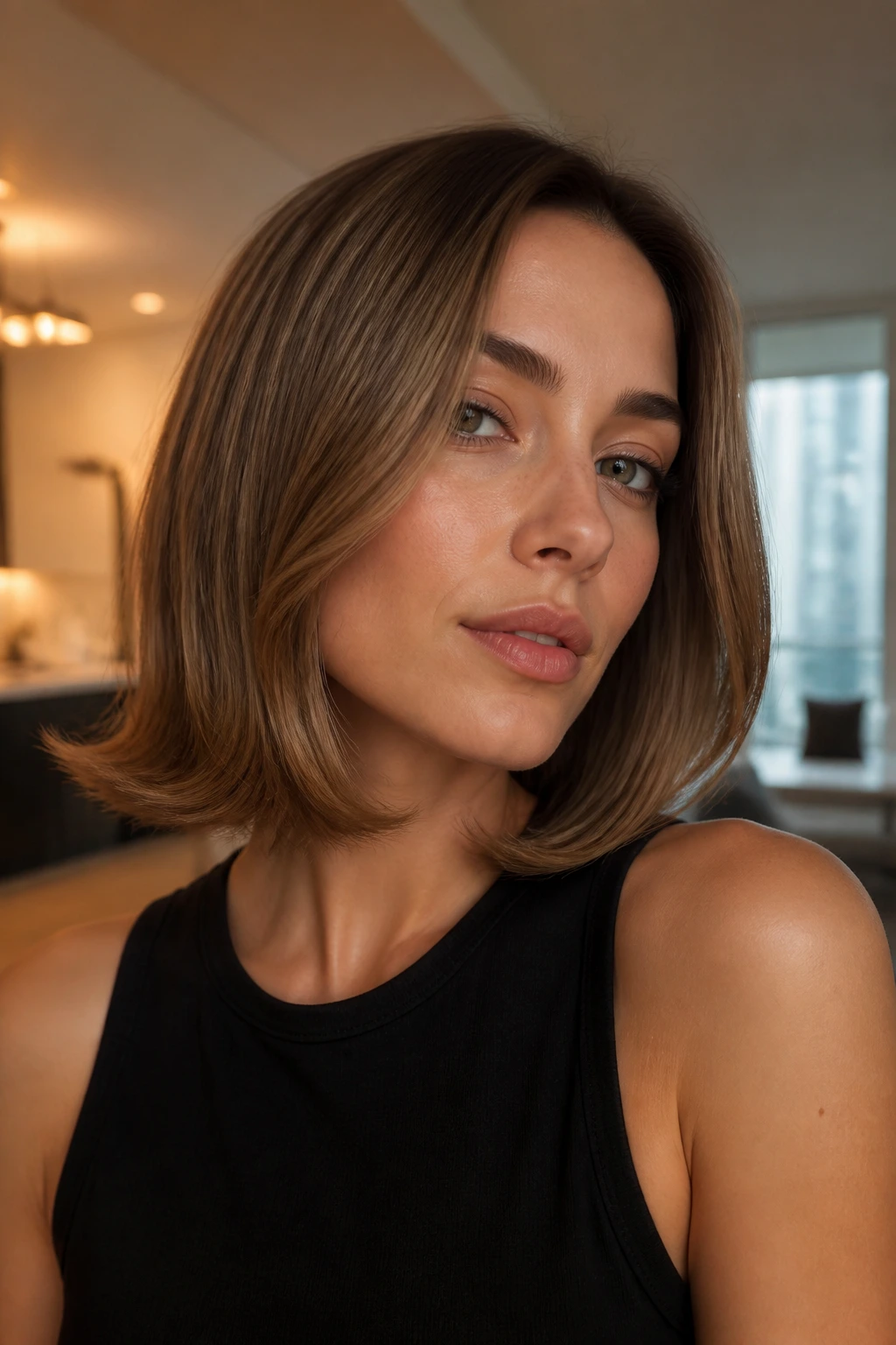 Portrait of real person with flipped-end glamour lob showing subtle retro bend.