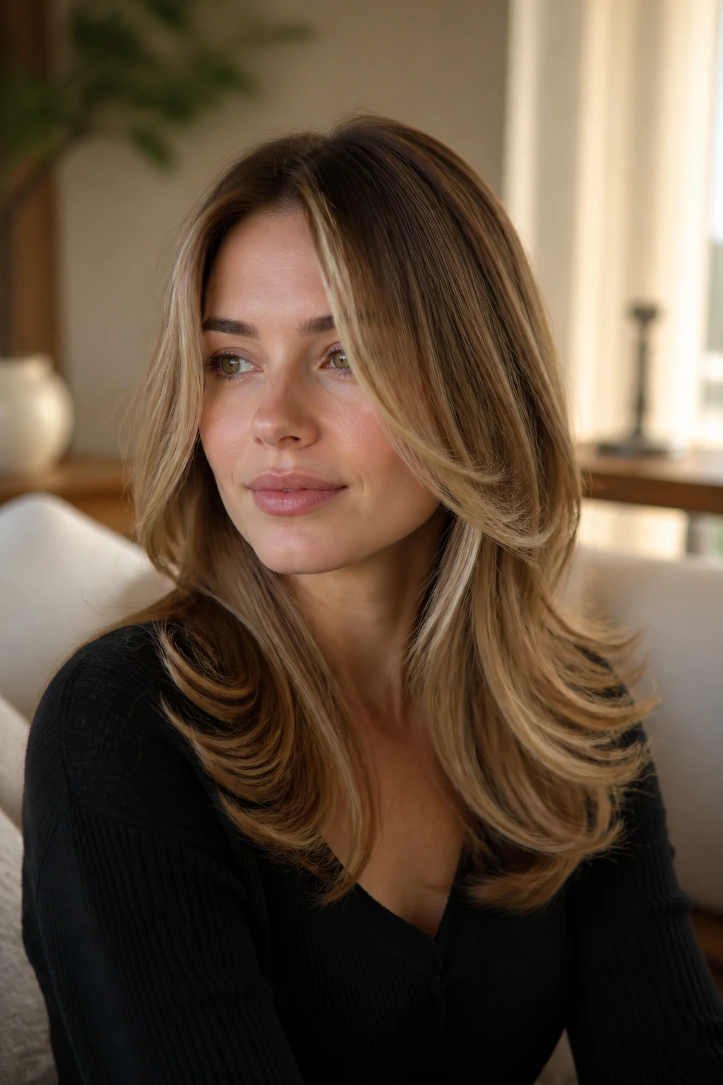 Close-up of a real woman with flipped-end layers in mid-length hair, warm window light