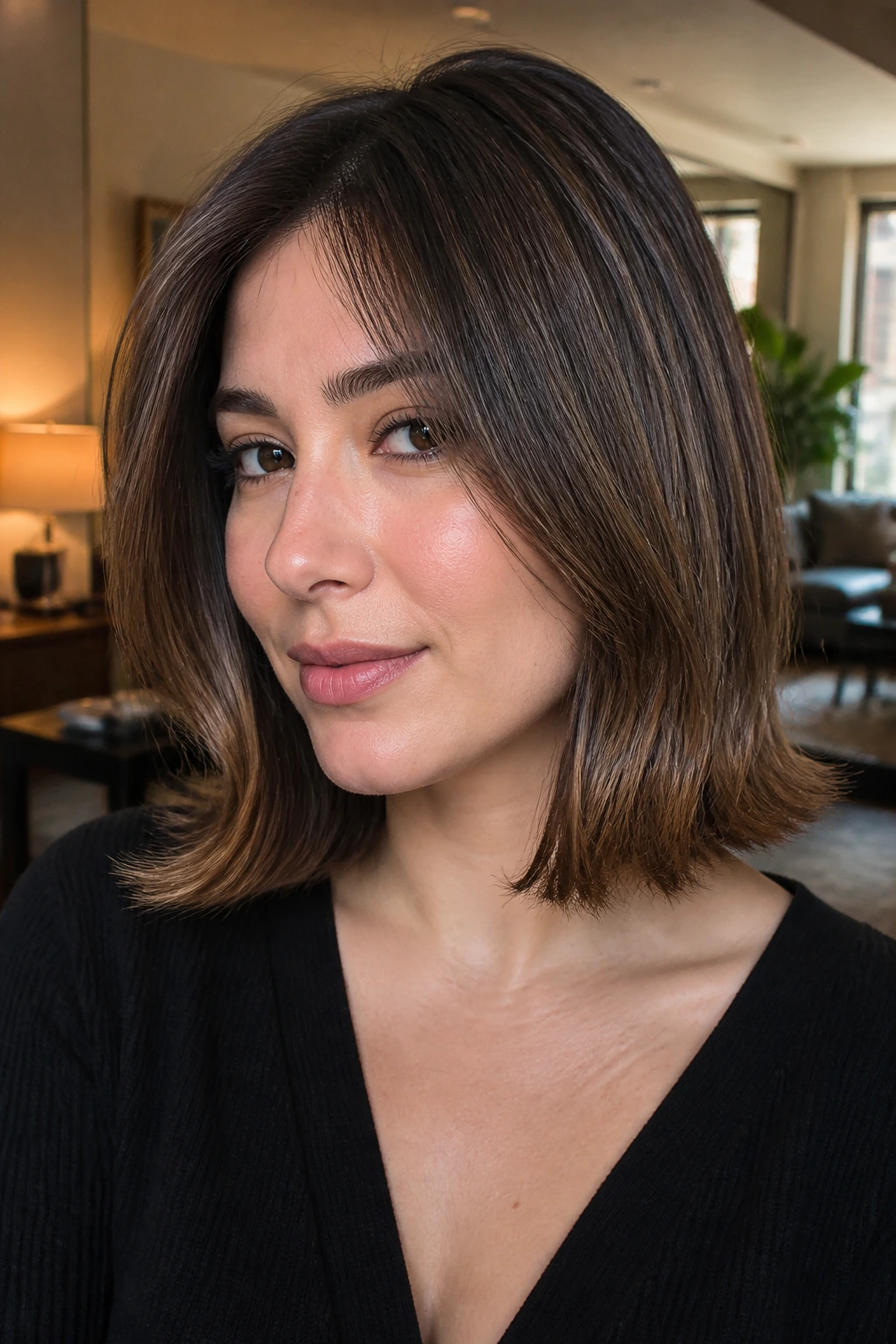 Close-up of a real woman with flipped-end lob in a cozy living room setting